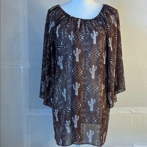 Cowgirl Hardware Womens Brown & Cream Cactus Print Semi Sheer Tunic Sz 2X
